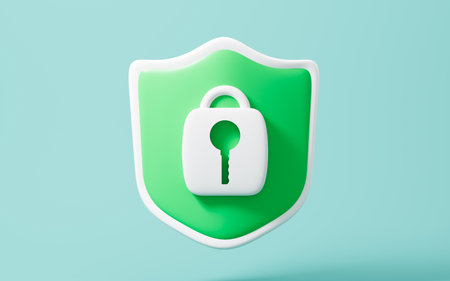 Cartoon encryption shield in the green background, 3d rendering. Digital drawing.の写真素材
