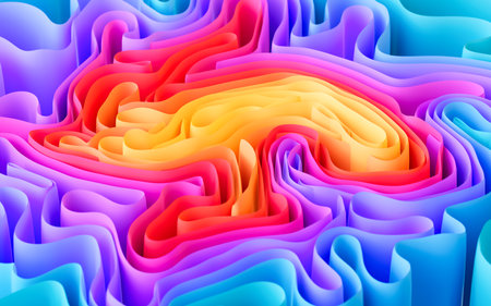 Abstract flowing curves, folded ribbons, fashion wallpaper with wavy layers. Digital drawing.の写真素材