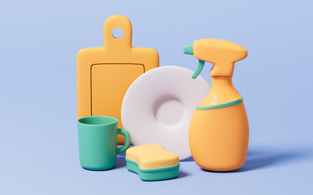 Cartoon kitchen detergent, dish-washing, 3d rendering. 3d illustration.の写真素材