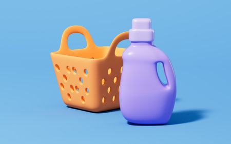 Cartoon laundry basket and laundry detergent in the blue background, 3d rendering. 3D illustration.の写真素材