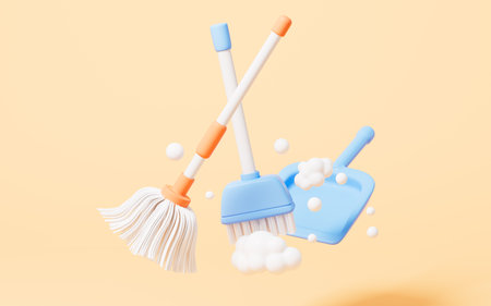 Cartoon mop and broom in the yellow background, 3d rendering. 3D illustration.の写真素材