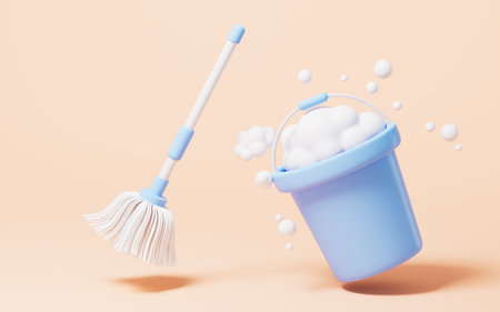 Cartoon mop and pail, do housework, 3d rendering. 3d illustration.の写真素材