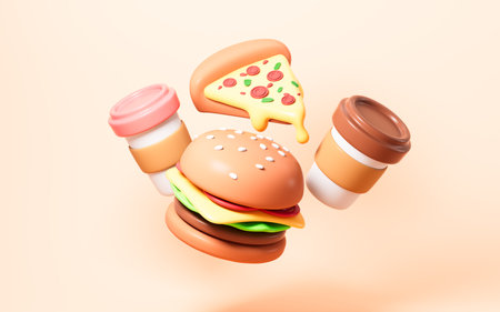 Cartoon hamburger, pizza, coffee and so on, take-out and fast food, 3d rendering. 3d illustration.の写真素材