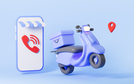 Cartoon scooter and takeout, mobile takeout, online order, 3d rendering. 3d illustration.の写真素材