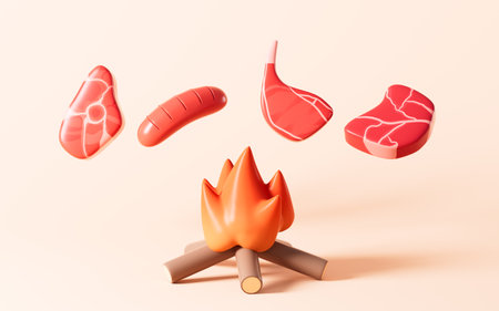 Cartoon meat and sausage are grilled over a fire, cartoon barbecue, 3d rendering. 3d illustration.の写真素材