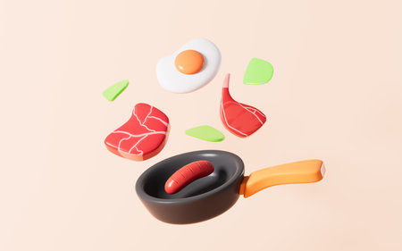 Cartoon meat and sausage are grilled over a fire, cartoon barbecue, 3d rendering. 3d illustration.の写真素材