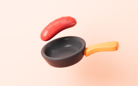 Cartoon sausage and pot, 3d rendering. 3d illustration.の写真素材