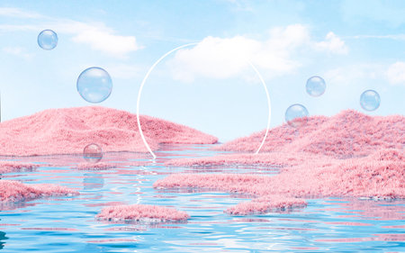 Outdoor grass and water surface products display background, 3d rendering. 3d illustration.の写真素材