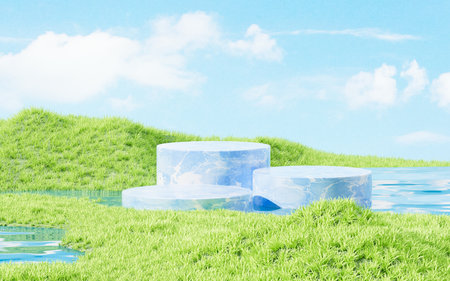 Outdoor grass and product stage background, 3d rendering. 3d illustration.の写真素材