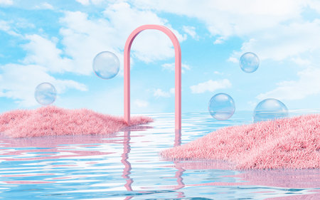 Outdoor grass and water surface products display background, 3d rendering. 3d illustration.の写真素材