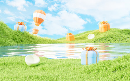 Outdoor grass and water surface products display background, 3d rendering. 3d illustration.の写真素材