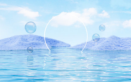 Outdoor grass and water surface products display background, 3d rendering. 3d illustration.