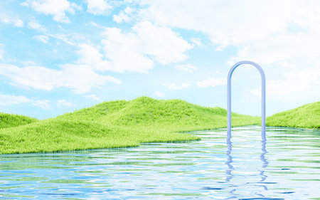 Outdoor grass and water surface products display background, 3d rendering. 3d illustration.の写真素材
