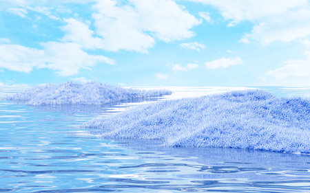 Outdoor grass and water surface products display background, 3d rendering. 3d illustration.の写真素材