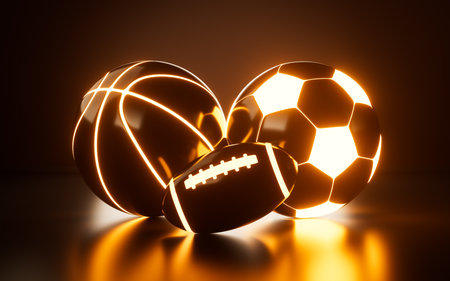 Basketball, football and rugby with neon light, 3d rendering. 3d illustration.の写真素材