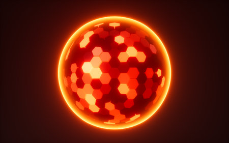 Abstract hexagonal sphere, neon glowing sphere, 3d rendering. 3d illustration.の写真素材