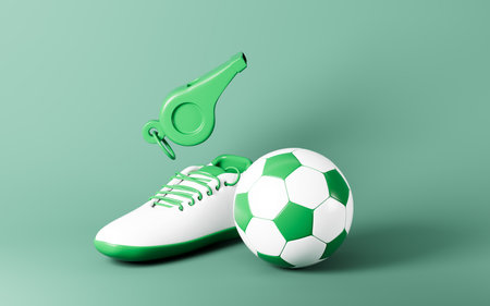 Cartoon football boots, football and whistle, 3d rendering. 3d illustration.の写真素材