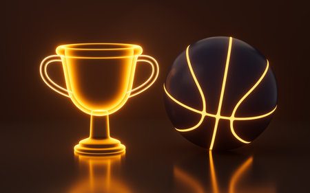 Glowing basketball and trophy , sports concept, 3d rendering. 3d illustration.の写真素材