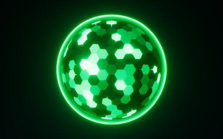 Abstract hexagonal sphere, neon glowing sphere, 3d rendering. 3d illustration.の写真素材