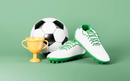 Cartoon football boots, football and trophy in the green background, 3d rendering. 3d illustration.の写真素材