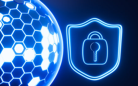Abstract glowing sphere and shield, data transmission and information protection, 3d rendering. 3d illustration.の写真素材