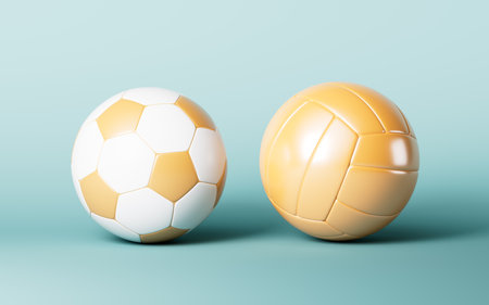Cartoon volleyball and football in the green background, 3d rendering. 3d illustration.の写真素材
