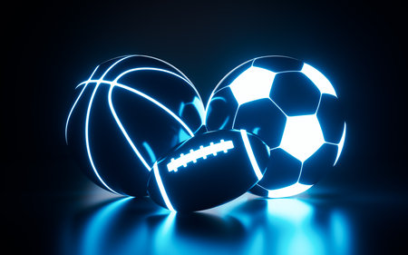 Basketball, football and rugby with neon light, 3d rendering. 3d illustration.の写真素材