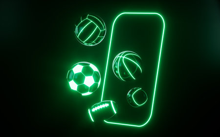 Basketball, football , rugby and tennis with green neon light , 3d rendering. 3d illustration.の写真素材