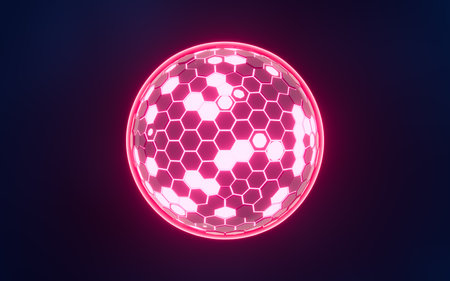 Abstract hexagonal sphere, neon glowing sphere, 3d rendering. 3d illustration.の写真素材