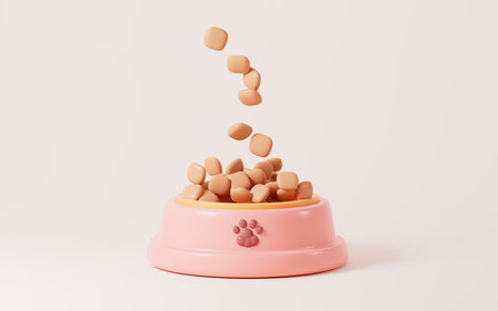 Cartoon pet bowl and pet food in the pink background, 3d rendering. 3d illustration.の写真素材