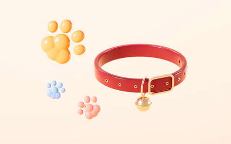 Cartoon pet collar and pet paw in the yellow background, 3d rendering. 3d illustration.の写真素材