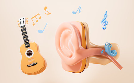 Cartoon human auditory system and guitar, 3d rendering. 3d illustration.の写真素材
