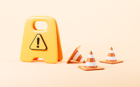 Cartoon yellow warning sign board and traffic cone, 3d rendering. 3d illustration.の写真素材
