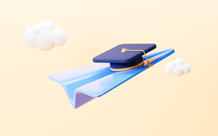Graduation cap on the paper plane with yellow background, 3d rendering. 3d illustration.の写真素材