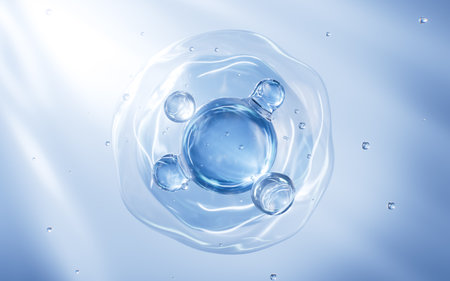 Abstract blue glass spheres, blue cells and molecules, 3d rendering. 3d illustration.の写真素材