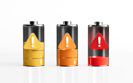 Batteries and warning signs, low battery warning, 3d rendering. 3d illustration.の写真素材