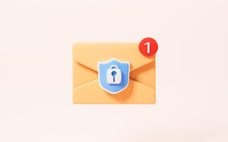 Cartoon mail with shield, mail encryption, 3d rendering. 3d illustration.の写真素材