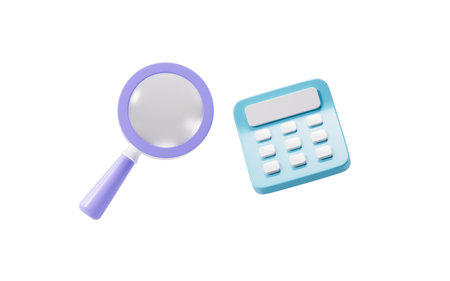 Cartoon calculator and magnifying glass , 3d rendering. 3d illustration.の写真素材