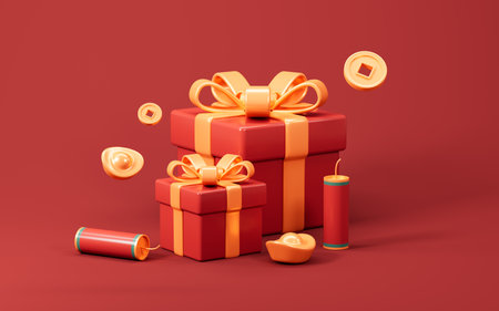 Gifts and firecrackers with Chinese style background, Chinese Spring Festival elements theme, 3d rendering. 3d illustration.の写真素材