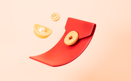 Red envelope, Chinese Spring Festival object celebrating Lunar New Year, Happy Chinese New Year, 3d rendering. 3d illustration.の写真素材