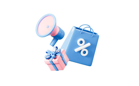 Shopping bag with discount percent sign, loudspeaker and gifts, marketing discount promotion concept, 3d rendering. 3d illustration.の写真素材