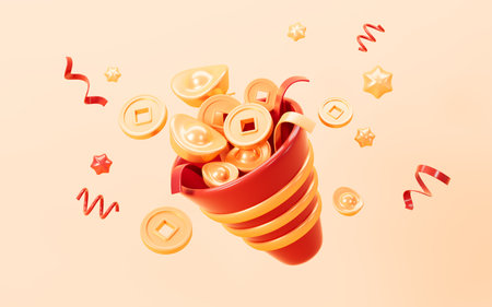 Gold coins and gold ingots in the red cone, Chinese lucky bag, Chinese treasure bowl, Chinese new year, happy new year, Chinese style theme concept, 3d rendering. 3d illustration.の写真素材