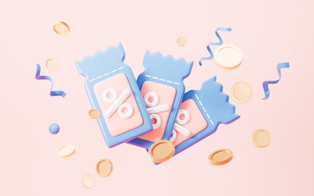 Cartoon coupon with vouchers, flying coins in the pink background, 3d rendering. 3d illustration.の写真素材
