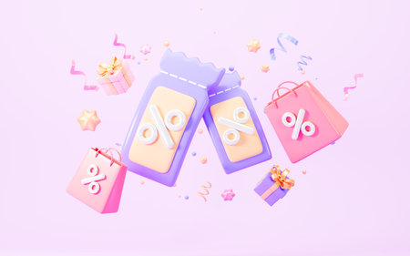 Floating shopping bags and gifts with discount coupon in the purple background, 3d rendering. 3d illustration.の写真素材
