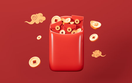 Chinese red envelopes with splashing coins, gold ingots, Chinese Spring Festival, happy new year, 3d rendering. 3d illustration.の写真素材