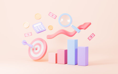 Bar graph, growth arrow, floating dollar and target, business development concept, data analysis report, financial growth, 3d rendering. 3d illustration.の写真素材