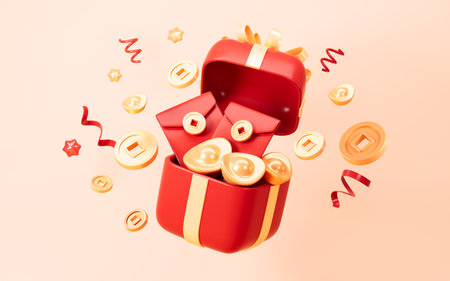 Red envelops with gifts, Chinese Spring Festival celebrating Lunar New Year, Happy Chinese New Year, 3d rendering. 3d illustration.の写真素材