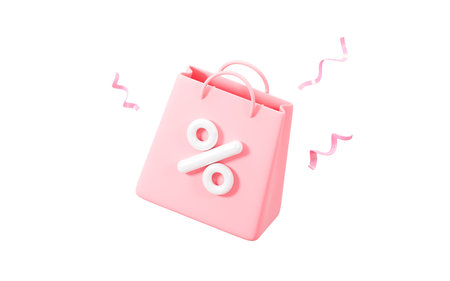 Pink shopping bag with discount percent sign in the white background, marketing discount promotion concept, 3d rendering. 3d illustration.の写真素材