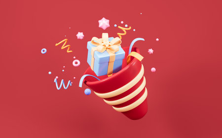 Cartoon firecracker and ribbons with explosion confetti. Birthday surprise, holiday and event celebration, 3d rendering. 3d illustration.の写真素材