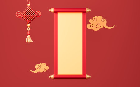 Empty Chinese style scroll, Chinese new year element, empty scroll template, happy new year, Spring Festival theme background, 3d rendering. 3d illustration.の写真素材
